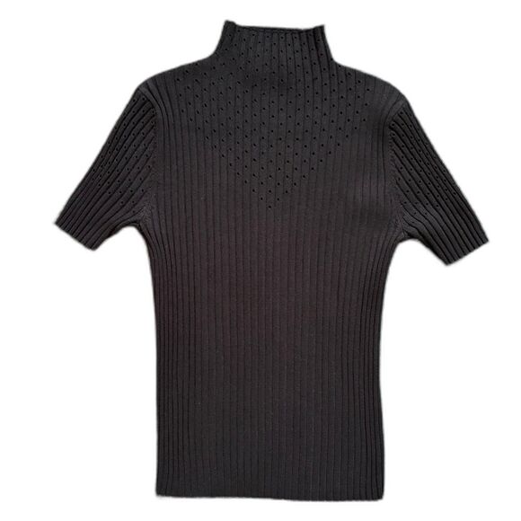 Truth by Republic Ribbed Black Short Sleeve Turtleneck with Pointelle Cut-Outs - Picture 1 of 7